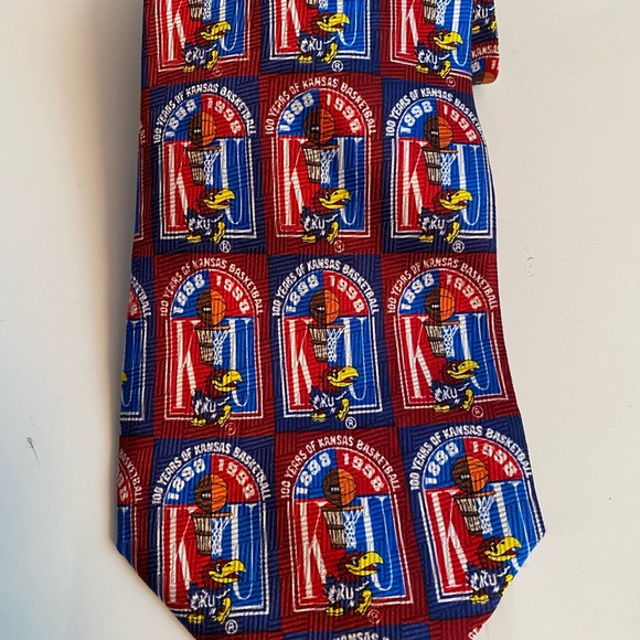 Preowned Mens Necktie. Kansas Jayhawks. Basketball 1898-1998. Red/Blue. - Picture 2 of 8
